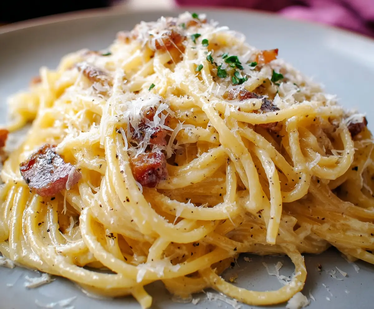 Delicious Spaghetti Alla Carbonara with creamy sauce and crispy pancetta on a rustic plate
