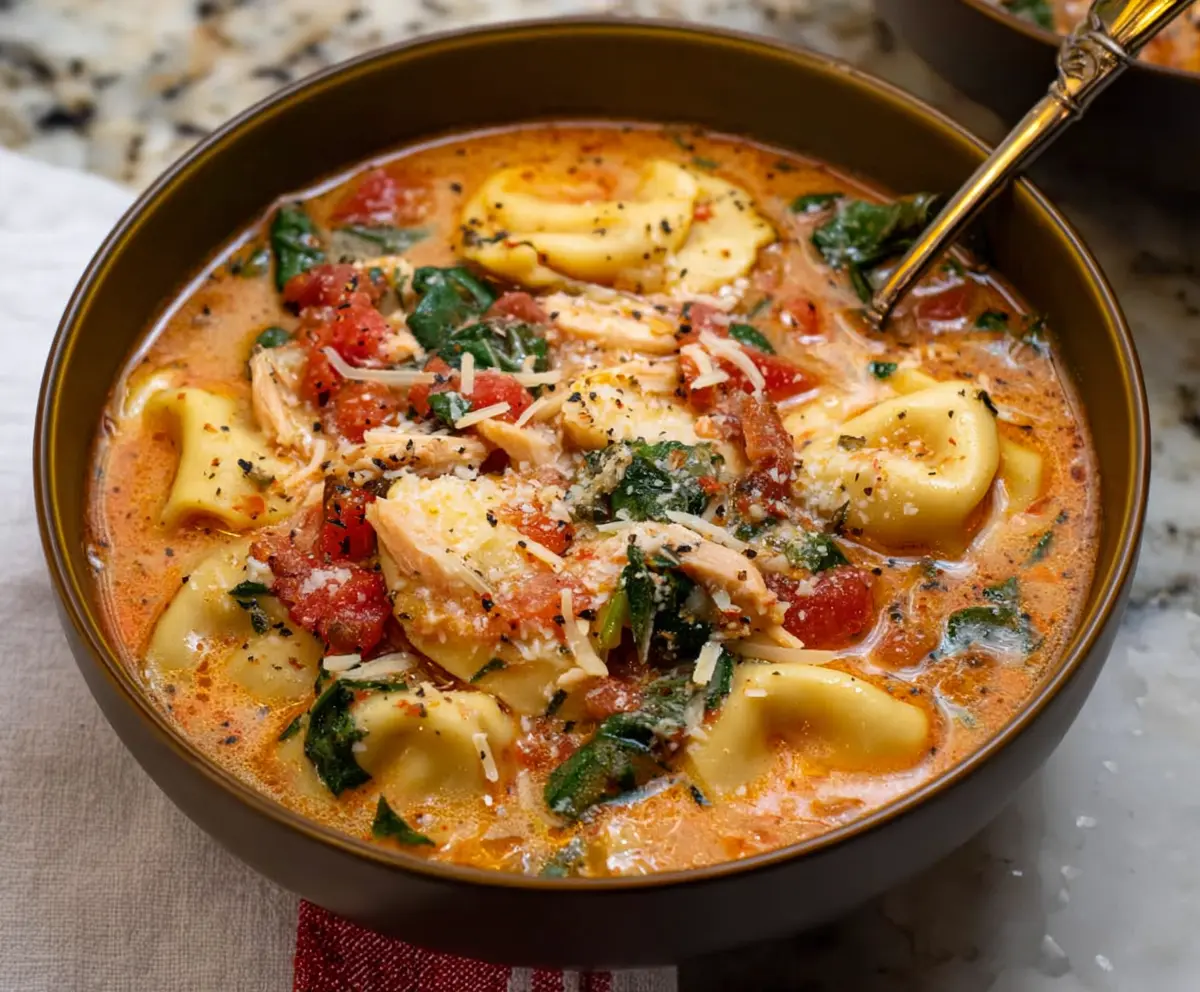Delicious Tuscan ravioli soup garnished with fresh herbs in a rustic bowl.