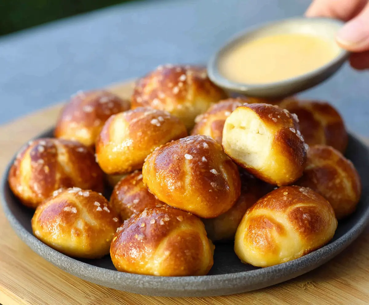 Golden-brown two ingredient dough pretzel bites on a white plate, perfect for snack time.