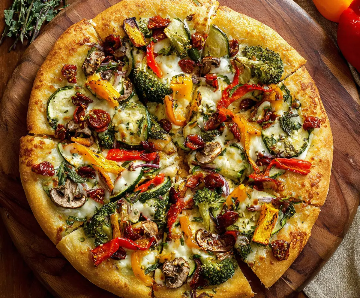 Delicious homemade veggie pizza topped with colorful vegetables and melted cheese.