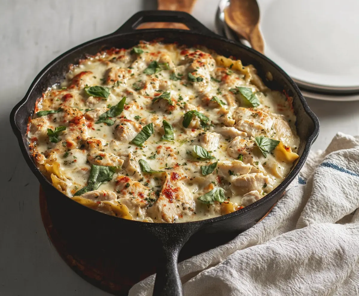 Creamy white chicken skillet lasagna topped with melted cheese and fresh herbs.