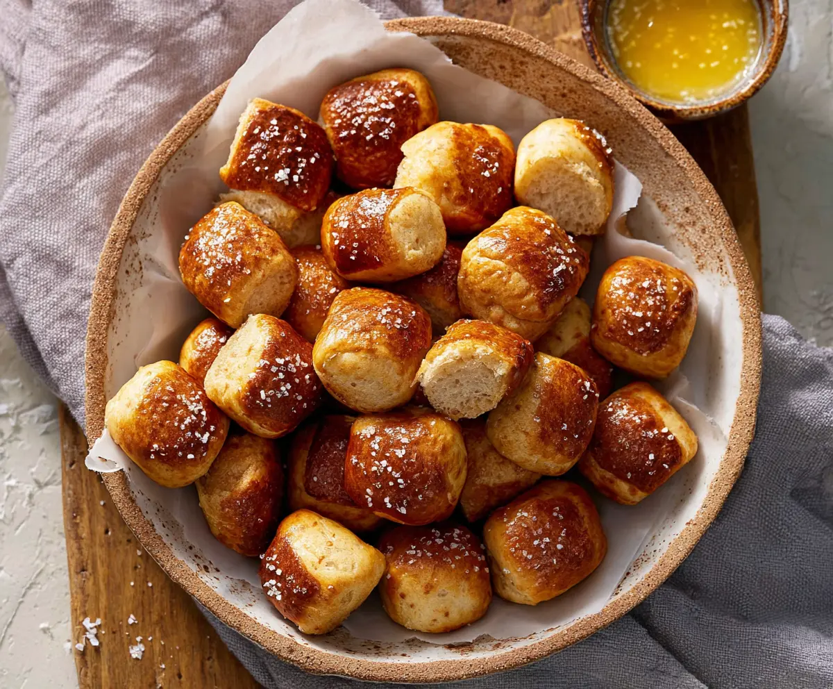 Delicious yeast-free sourdough discard pretzel bites on a baking tray