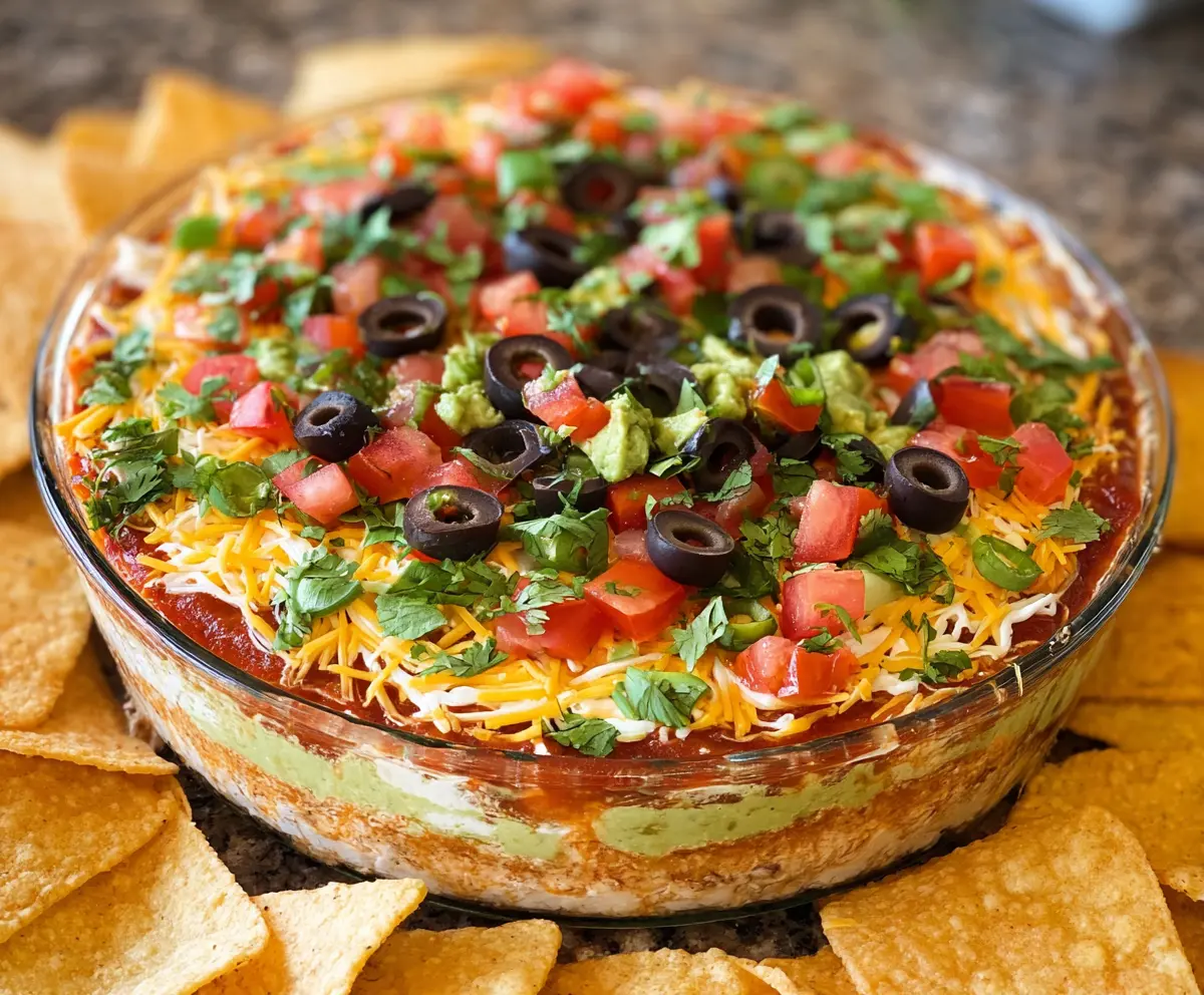 Delicious 5 Layer Dip with beans, guacamole, sour cream, cheese, and salsa served in a bowl.