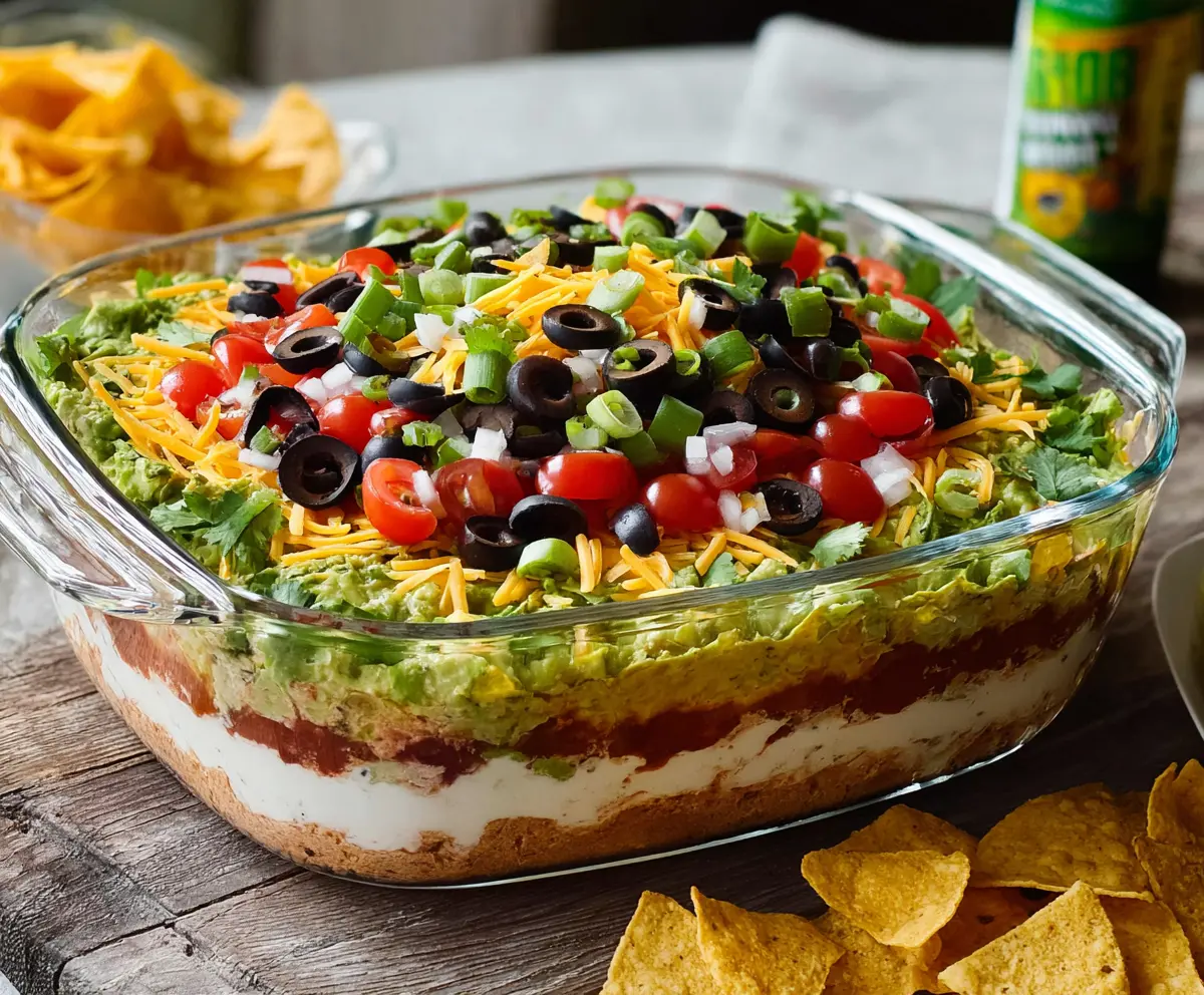 Delicious 7 layer dip featuring beans, guacamole, sour cream, cheese, and salsa in a vibrant serving dish.