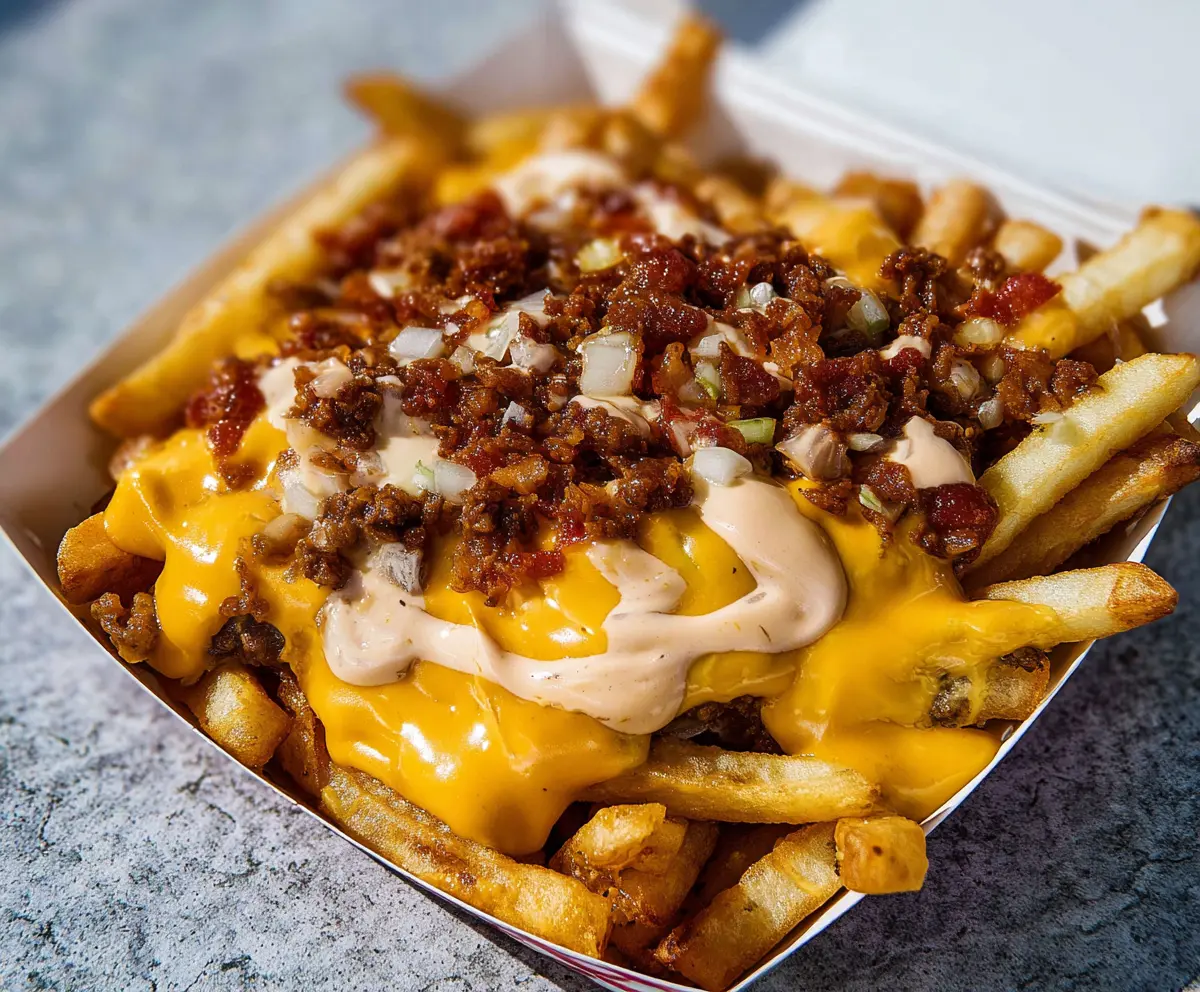 Delicious Animal Style Fries topped with special sauce, cheese, and caramelized onions.