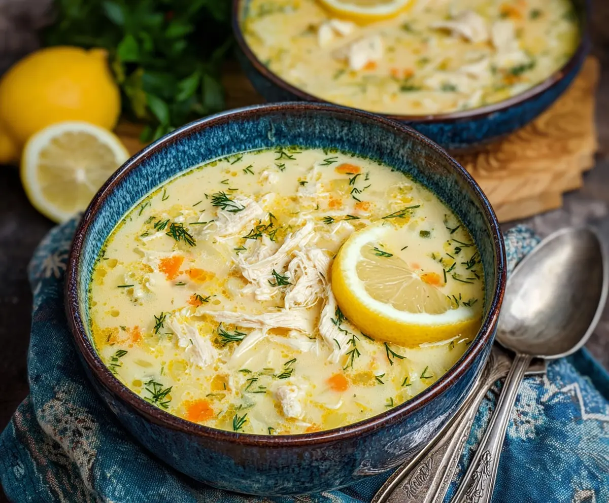 Delicious bowl of Avgolemono Greek Lemon Chicken Soup with tender chicken, rice, and a lemony broth garnished with fresh herbs.