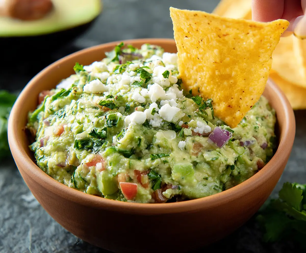 Creamy avocado crack dip served in a bowl with fresh ingredients around it.