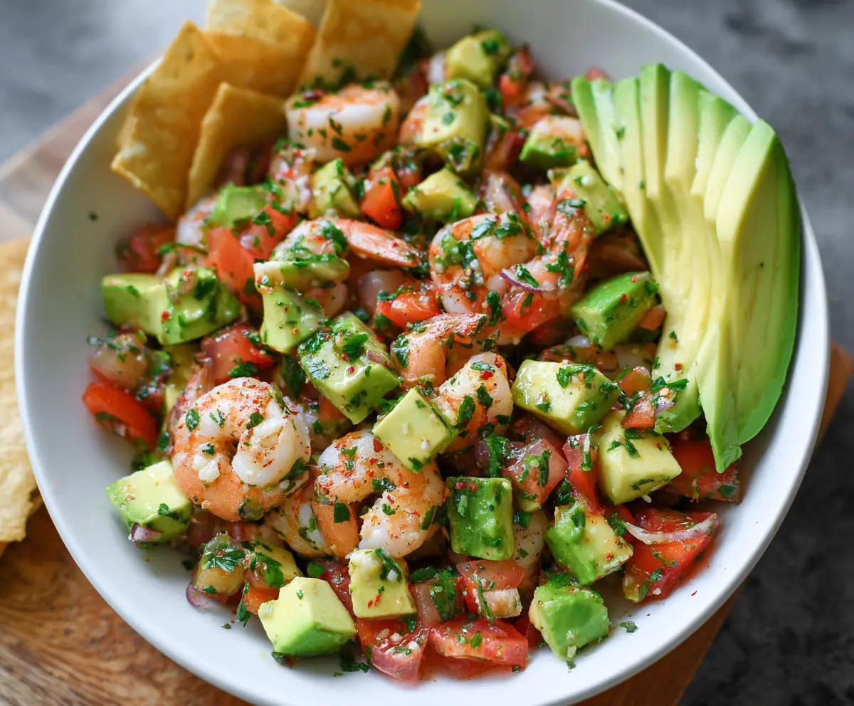 Fresh avocado salsa shrimp salad served in a bowl, featuring ripe avocados, succulent shrimp, and vibrant vegetables.