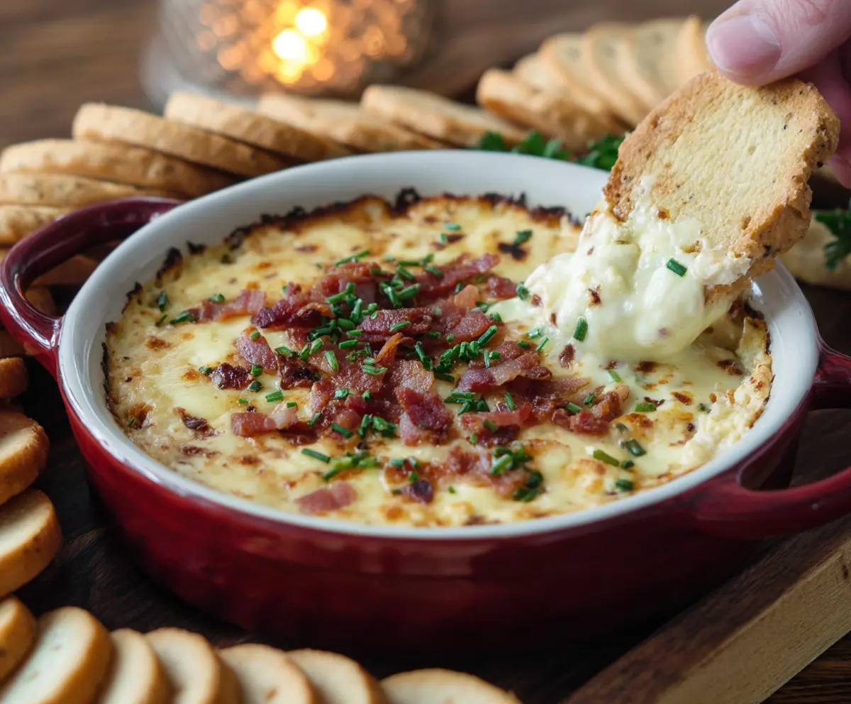 Creamy Bacon and Gouda dip topped with melted smoked cheese, perfect for dipping crispy snacks.