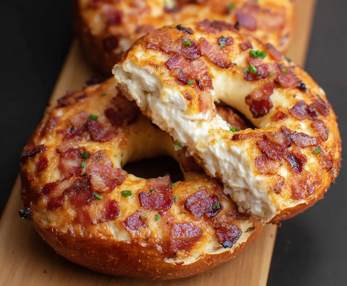 Delicious bacon cream cheese bagels with crispy bacon and creamy spread on a fresh bagel.