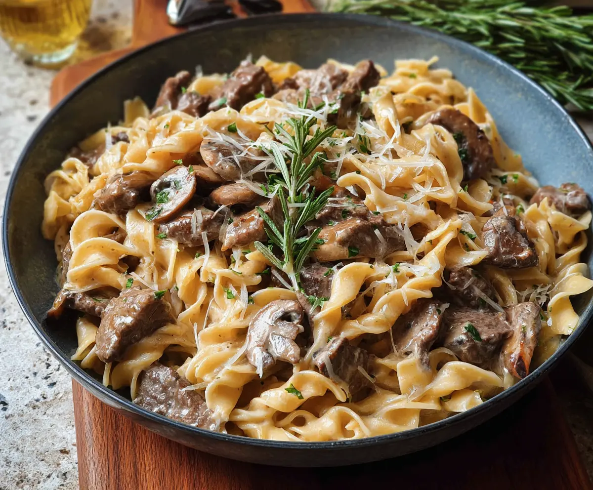 Creamy Beef Stroganoff pasta with tender beef strips and mushrooms served on a plate.