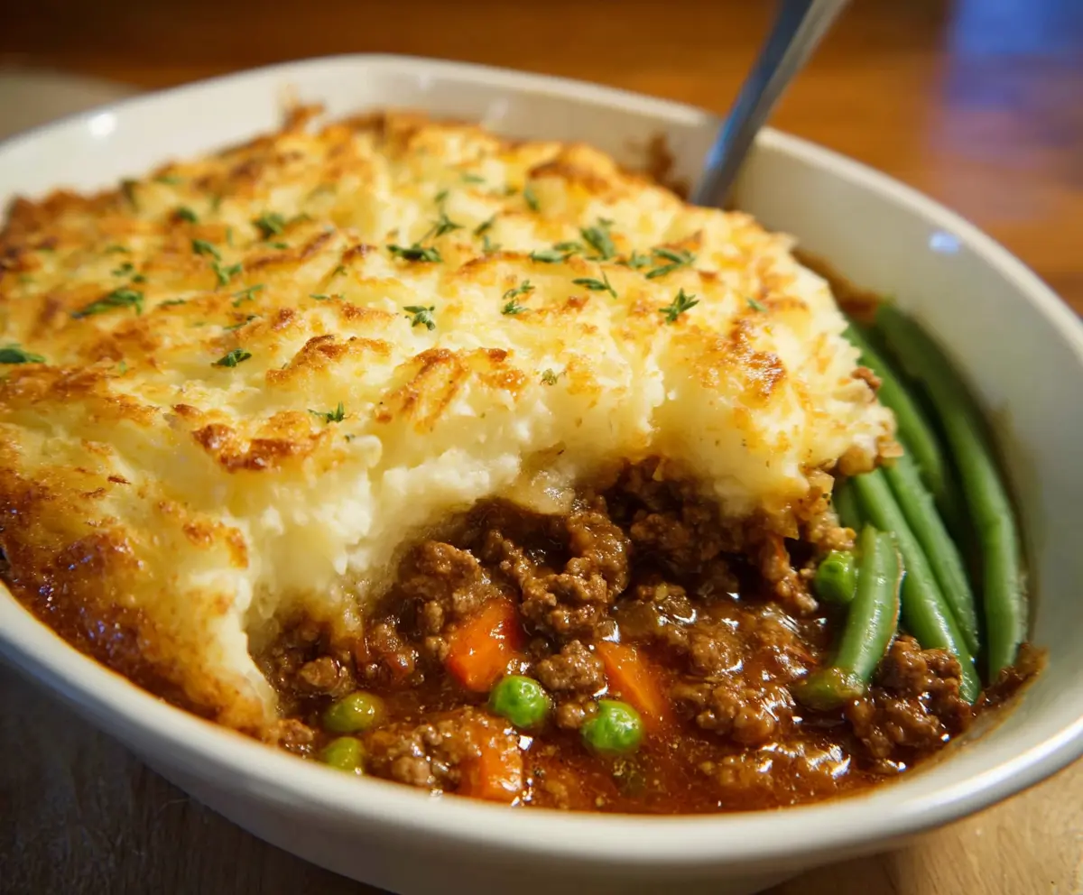Traditional British Shepherd's Pie with savory minced lamb and mashed potatoes topped with herbs.