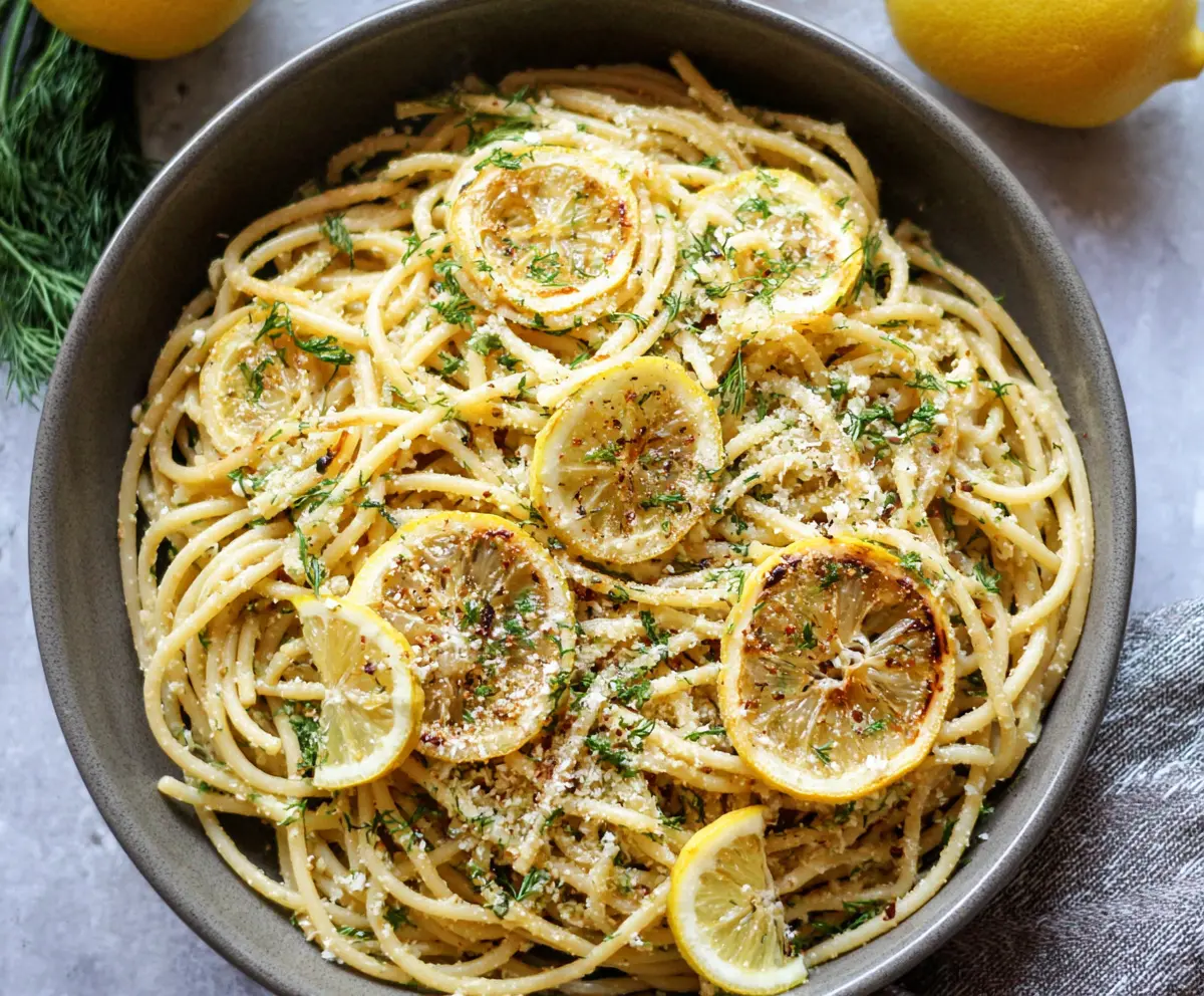 Creamy browned butter lemon dill pasta served in a white bowl, garnished with fresh dill and lemon slices.