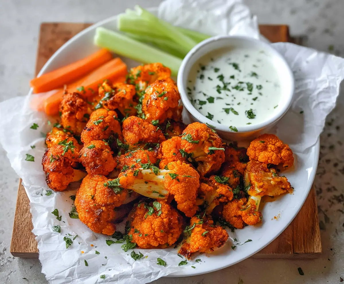 Spicy buffalo cauliflower bites served with celery and ranch dip