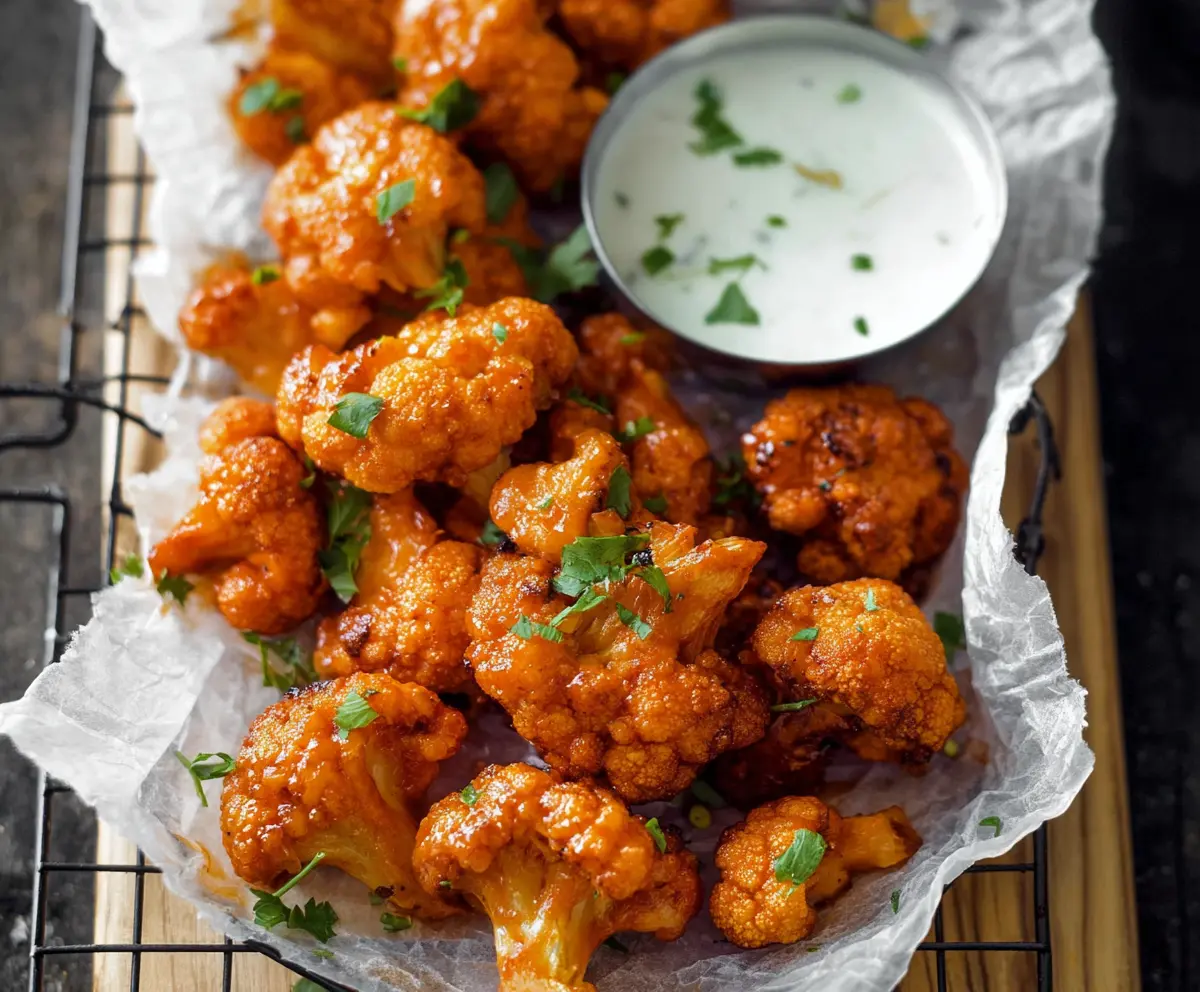Spicy buffalo cauliflower wings served with a side of celery sticks on a white plate.