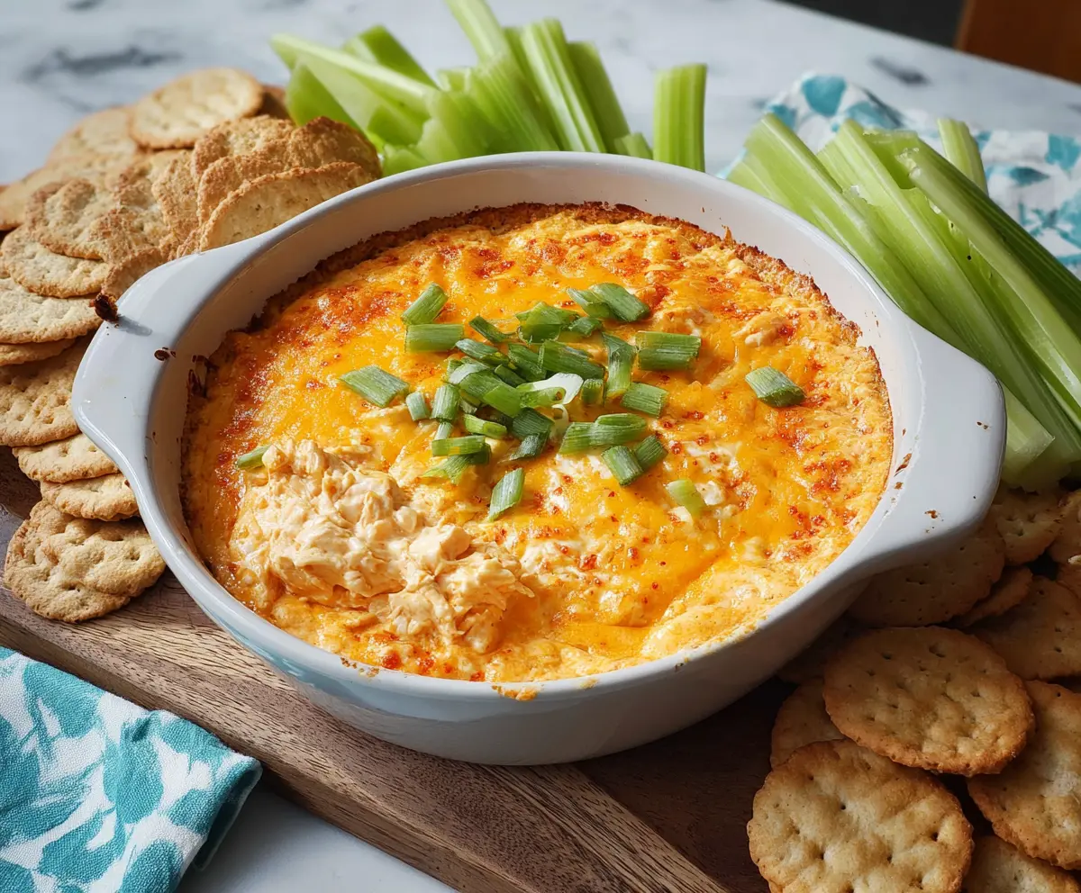 Spicy buffalo chicken dip with creamy cream cheese served as a savory appetizer.