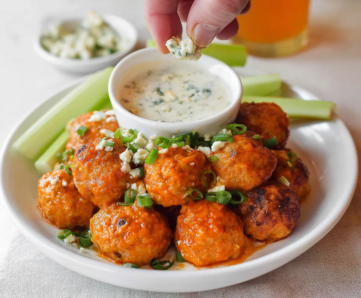 Delicious buffalo chicken meatballs served with creamy bleu cheese dip on a platter.