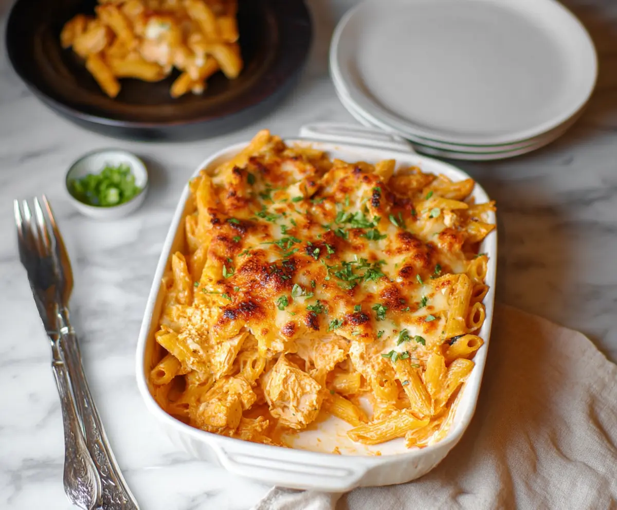 Creamy Buffalo Chicken Pasta Bake topped with melted cheese and fresh herbs