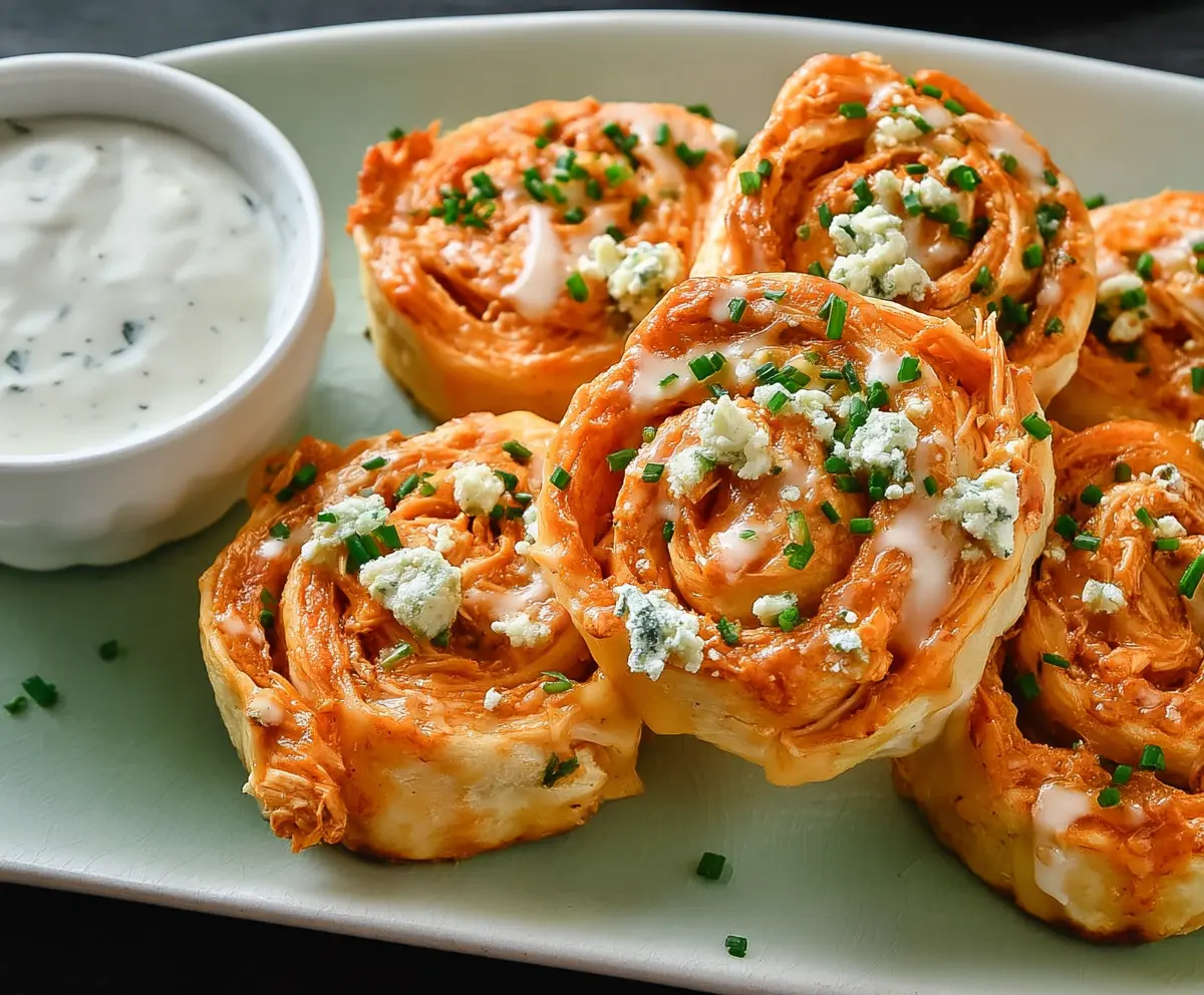 Buffalo Chicken Ranch Pinwheels on a platter, featuring spicy buffalo chicken and creamy ranch filling rolled in a savory pastry.