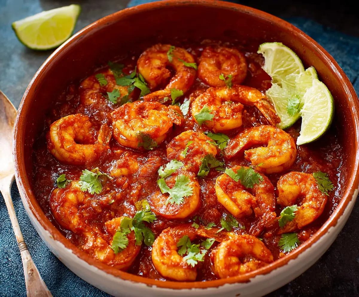 Spicy Camarones a la Diabla Mexican deviled shrimp served on a platter garnished with lime and cilantro.