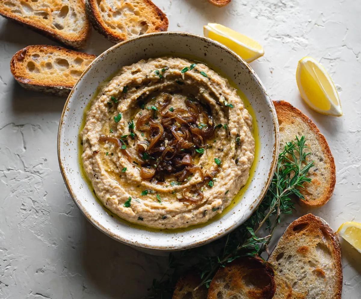 Creamy Caramelized Onion White Bean Dip served with fresh herbs and crusty bread.