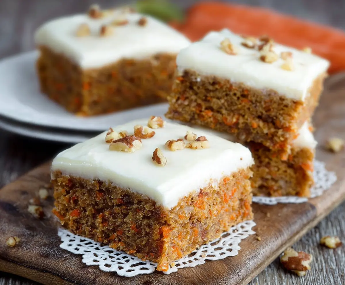 Delicious carrot cake bars with creamy frosting, perfect for snacking or dessert.