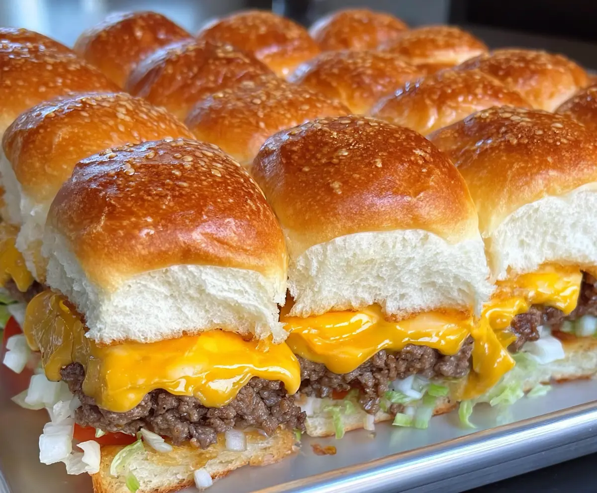 Delicious cheeseburger sliders made with Hawaiian rolls and melted cheese, perfect for any party or snack time.