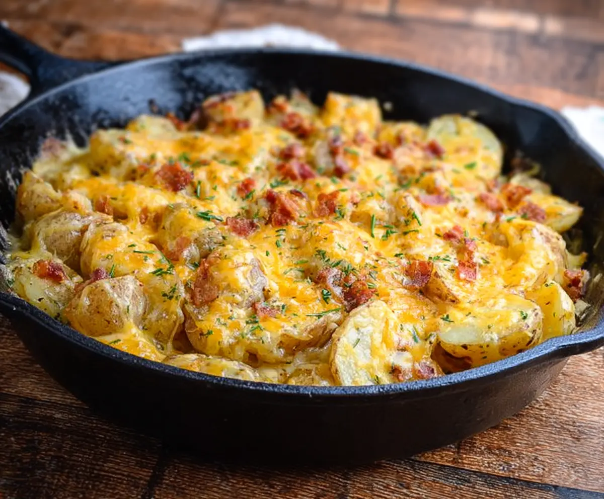 Delicious cheesy potato skillet topped with melted cheese and herbs, perfect for a hearty meal.