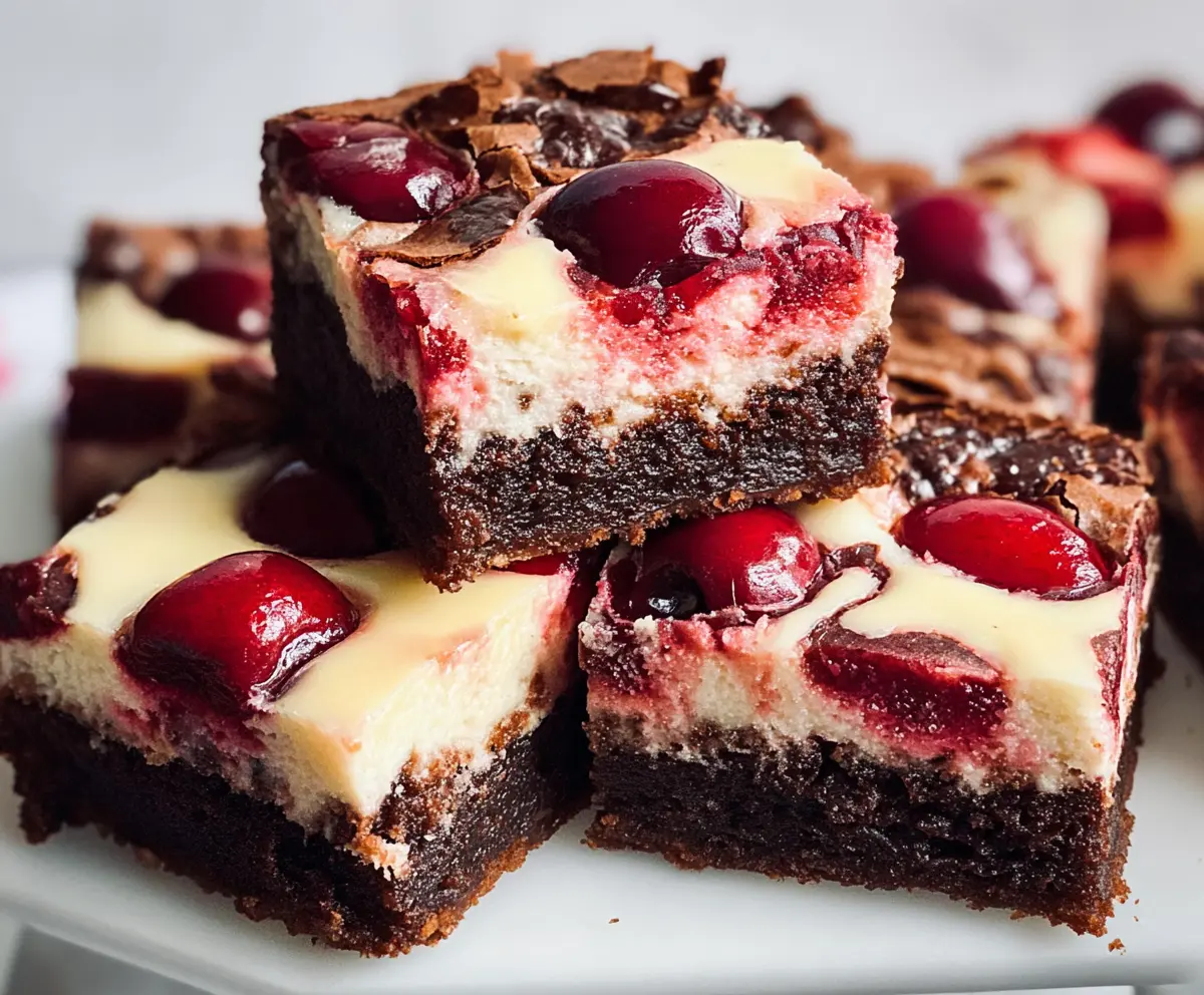 Delicious cherry cheesecake brownie dessert topped with fresh cherries and creamy cheesecake swirls.