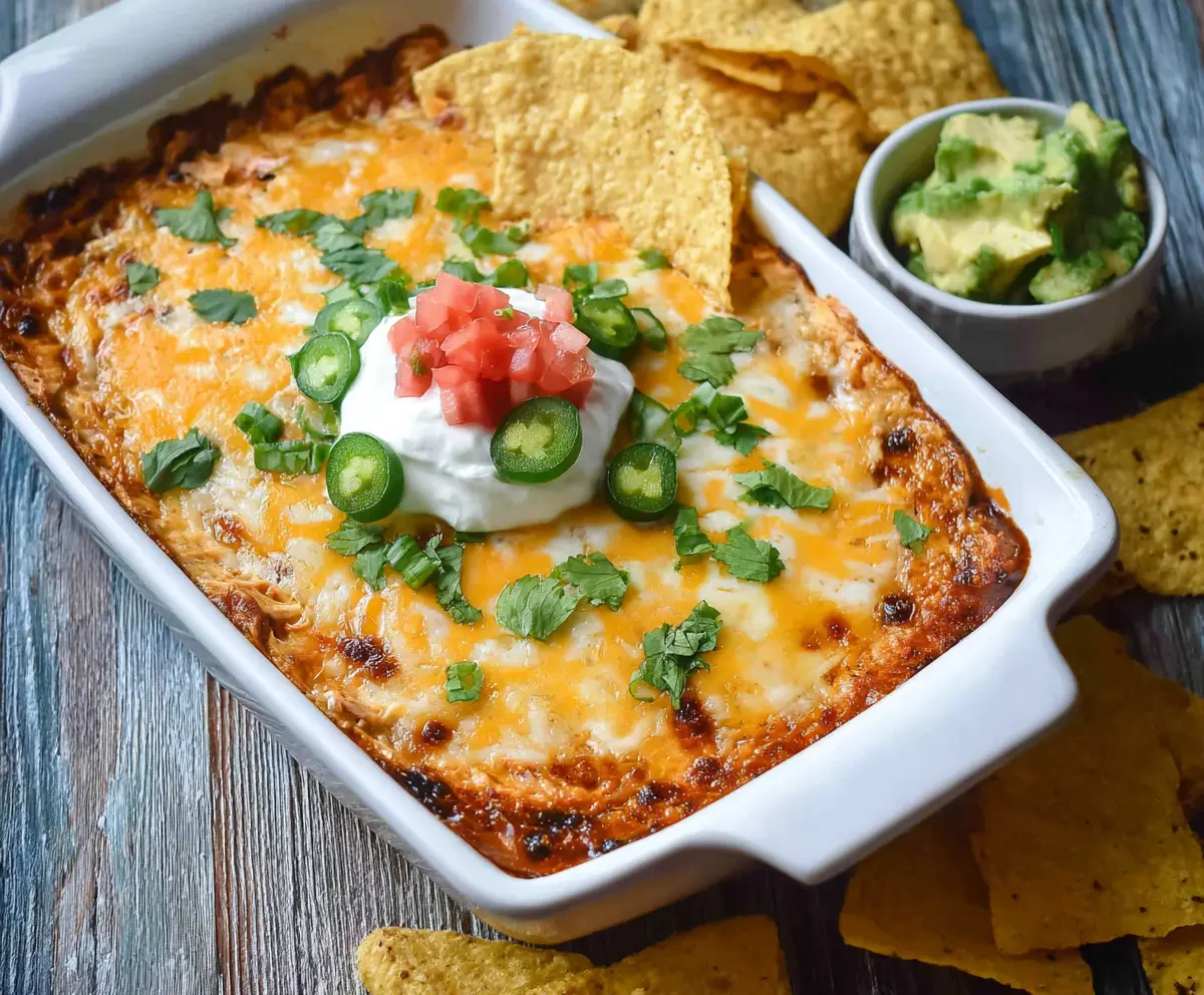 Delicious chicken enchilada dip with melted cheese and flavorful ingredients served in a bowl.