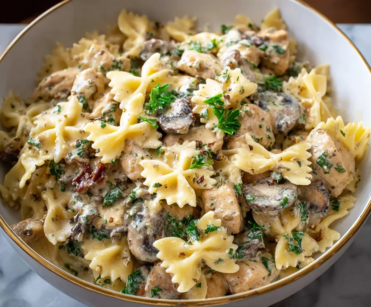 Delicious chicken and mushroom pasta dish with creamy sauce on a white plate.