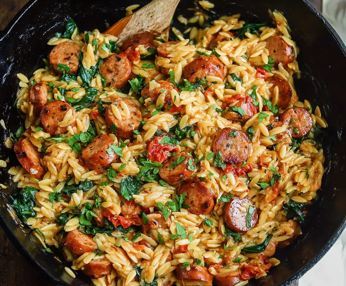 Delicious Chicken Sausage Orzo Skillet dish with vibrant vegetables and herbs for a flavorful meal.
