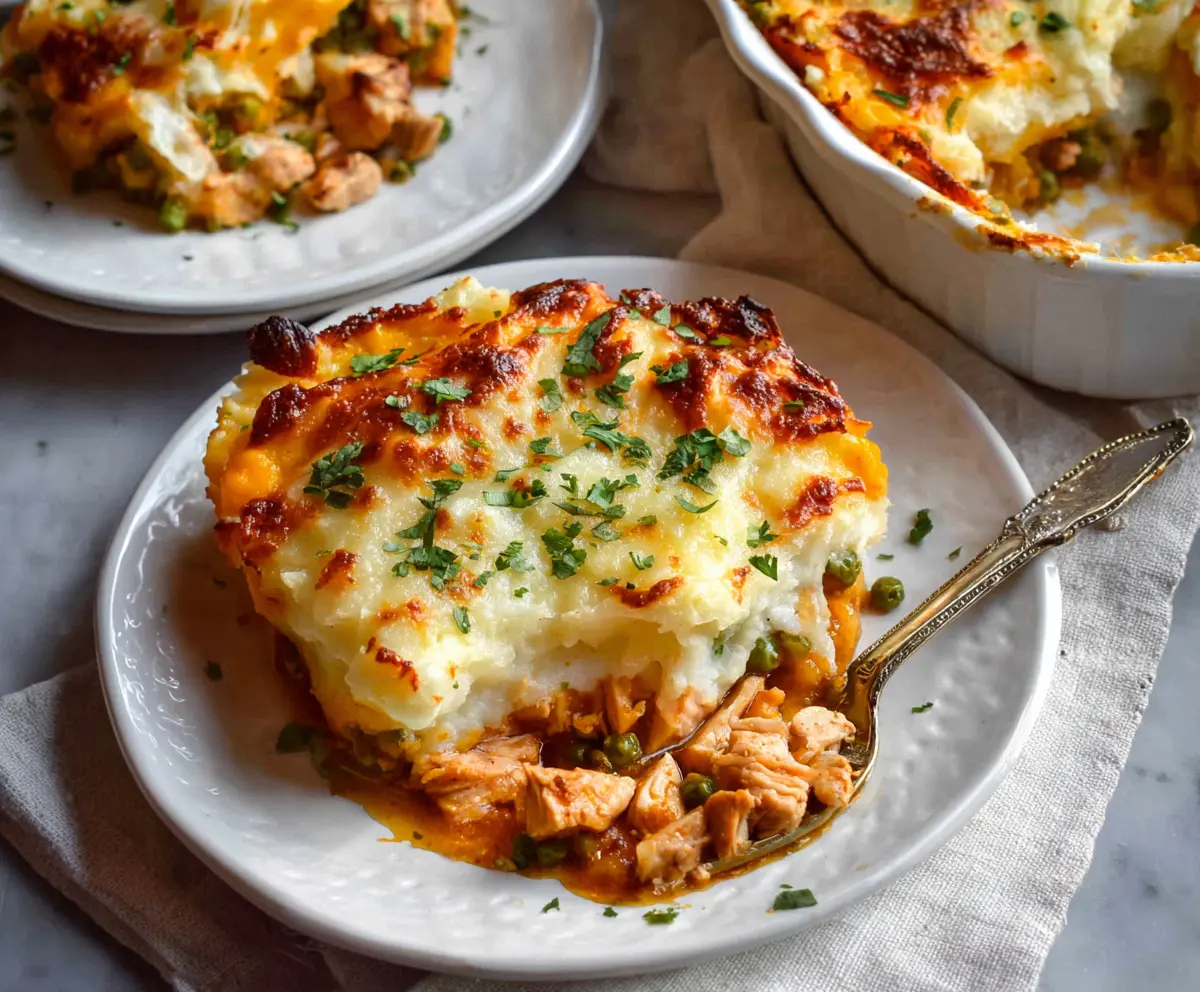 Delicious Chicken Shepherd's Pie topped with golden mashed potatoes and crispy crust