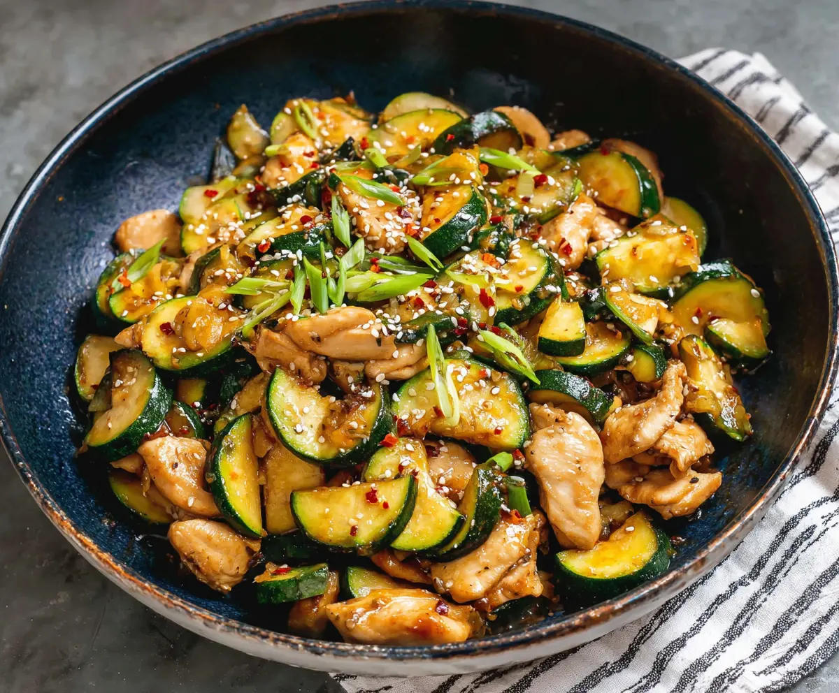 Delicious chicken and zucchini stir fry on a plate, showcasing a healthy Asian-inspired meal.