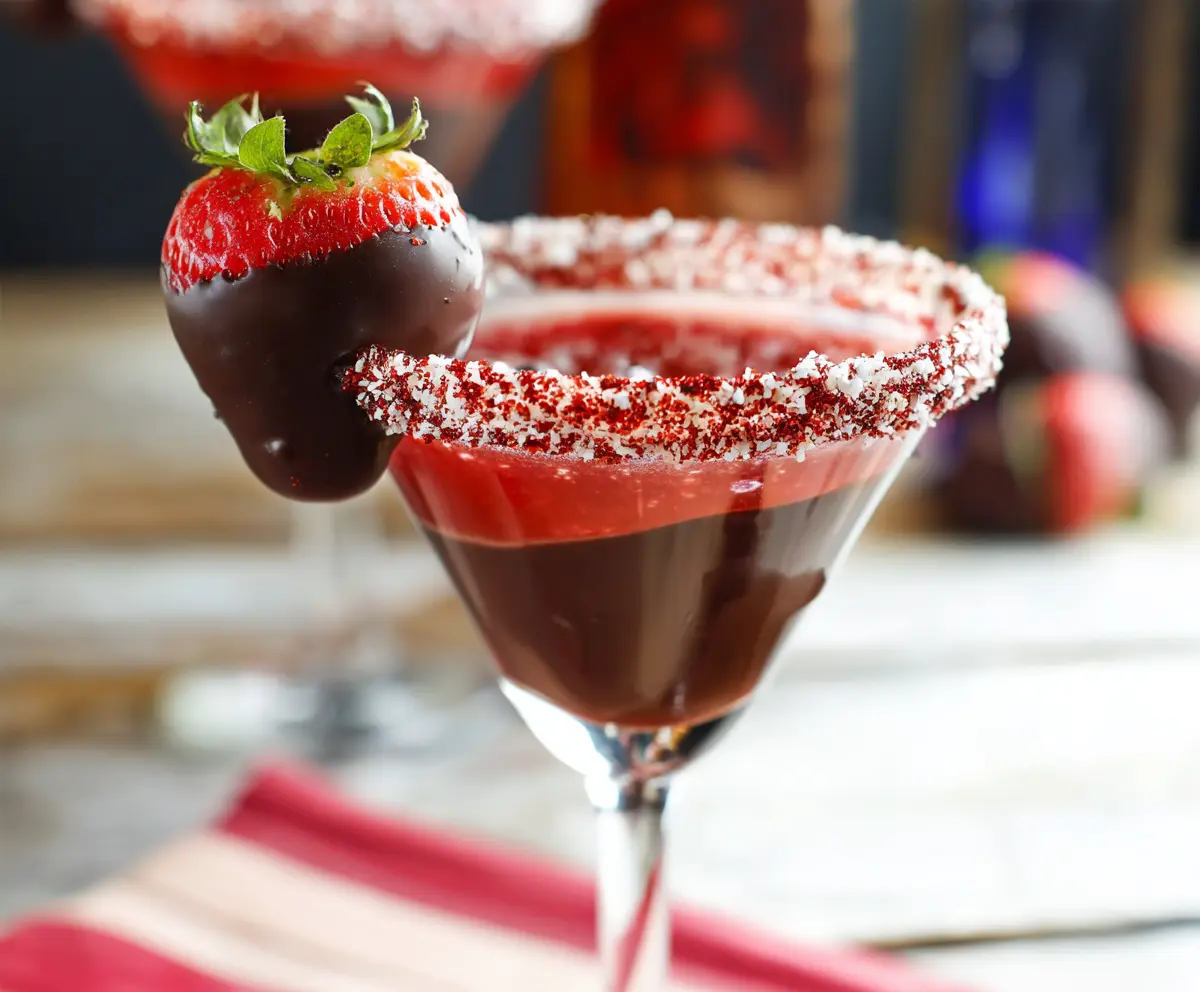 Delicious chocolate covered strawberry martini garnished with fresh strawberries and chocolate drizzle.