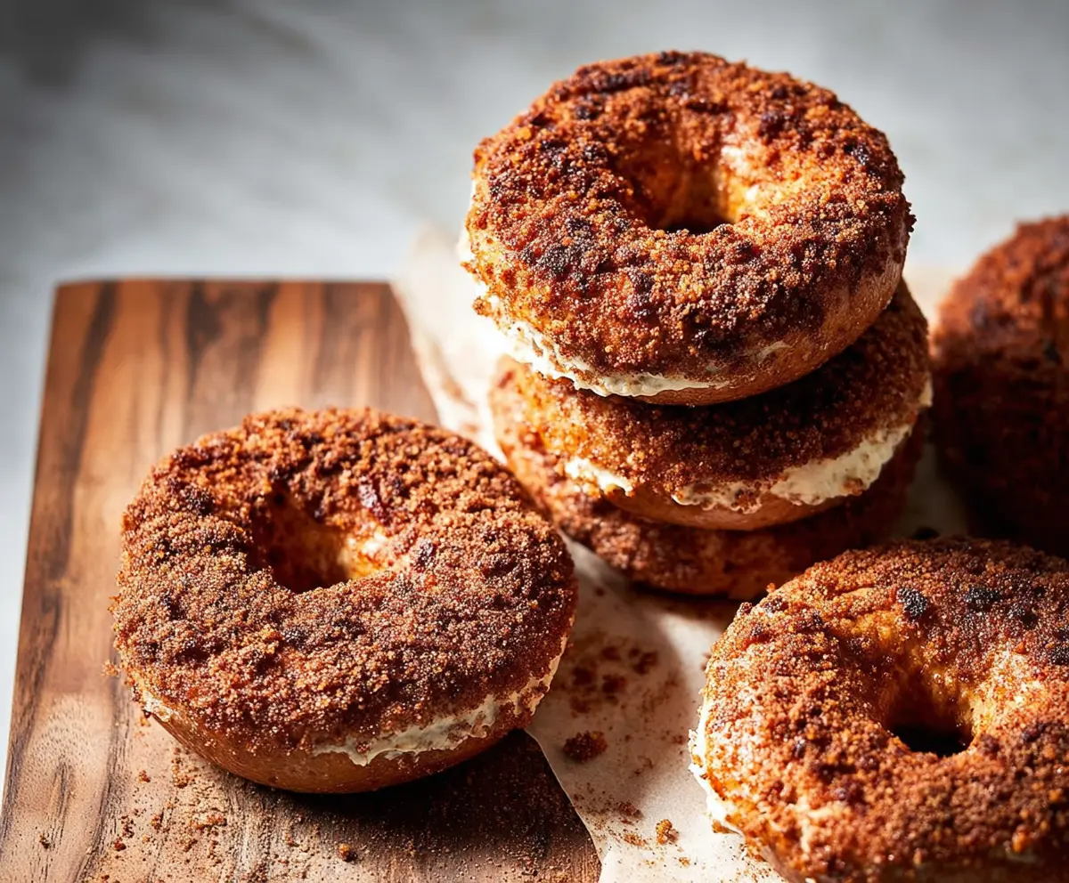 Delicious cinnamon sugar crunch bagels with a golden crust and sweet topping on a wooden platter.