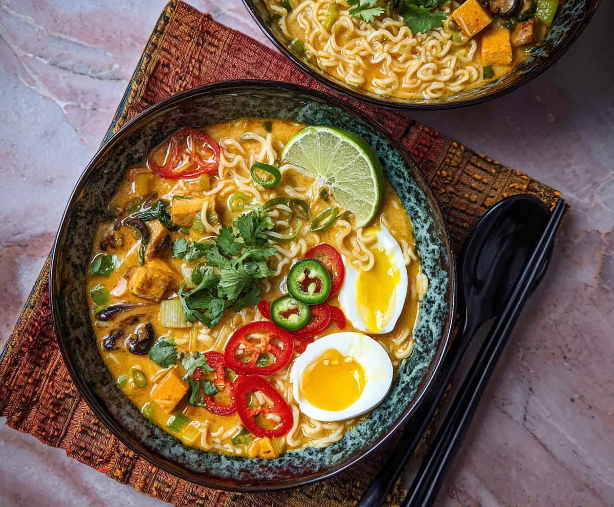 Delicious Coconut Curry Ramen in a bowl with colorful vegetables and herbs.