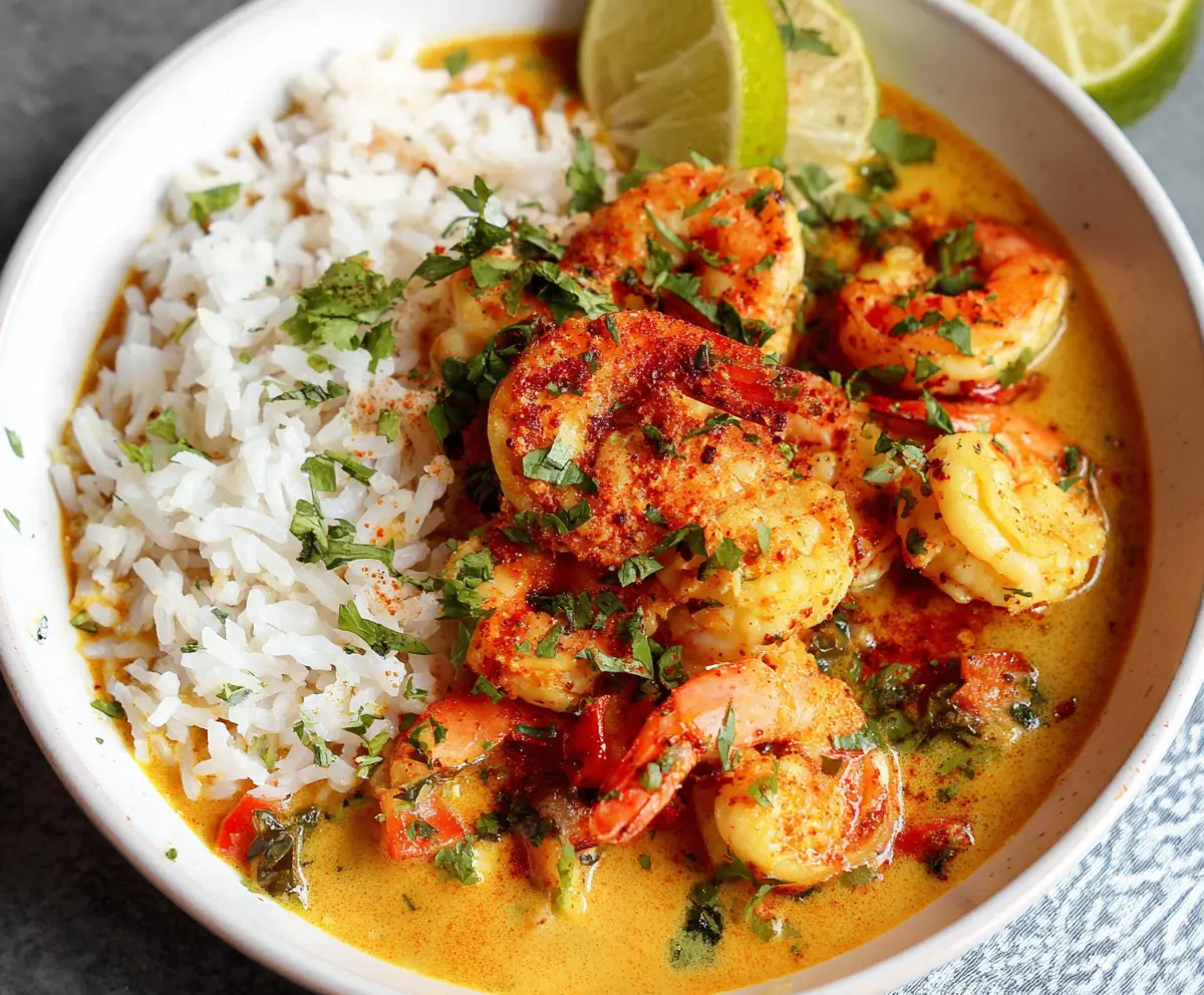 Delicious coconut curry shrimp served with fresh herbs and jasmine rice