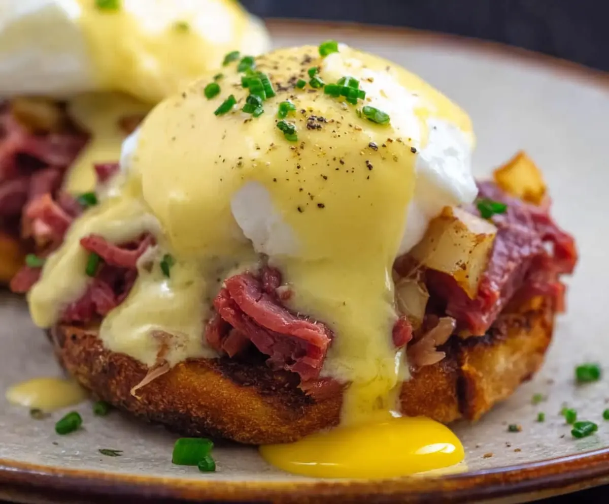 Delicious Corned Beef Hash Eggs Benedict with perfectly poached eggs and crispy hash in a close-up view