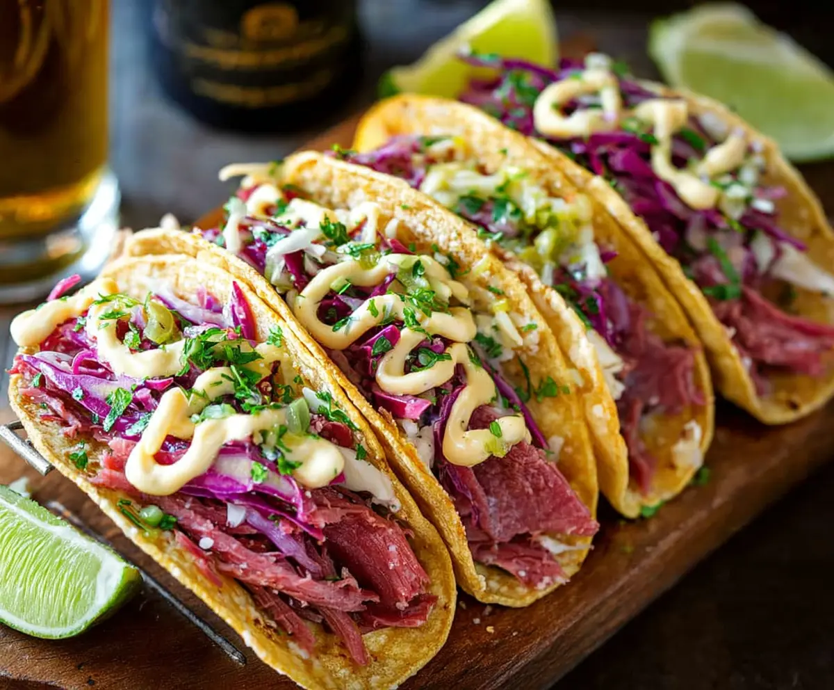 Delicious Corned Beef Tacos with fresh toppings and vibrant flavors
