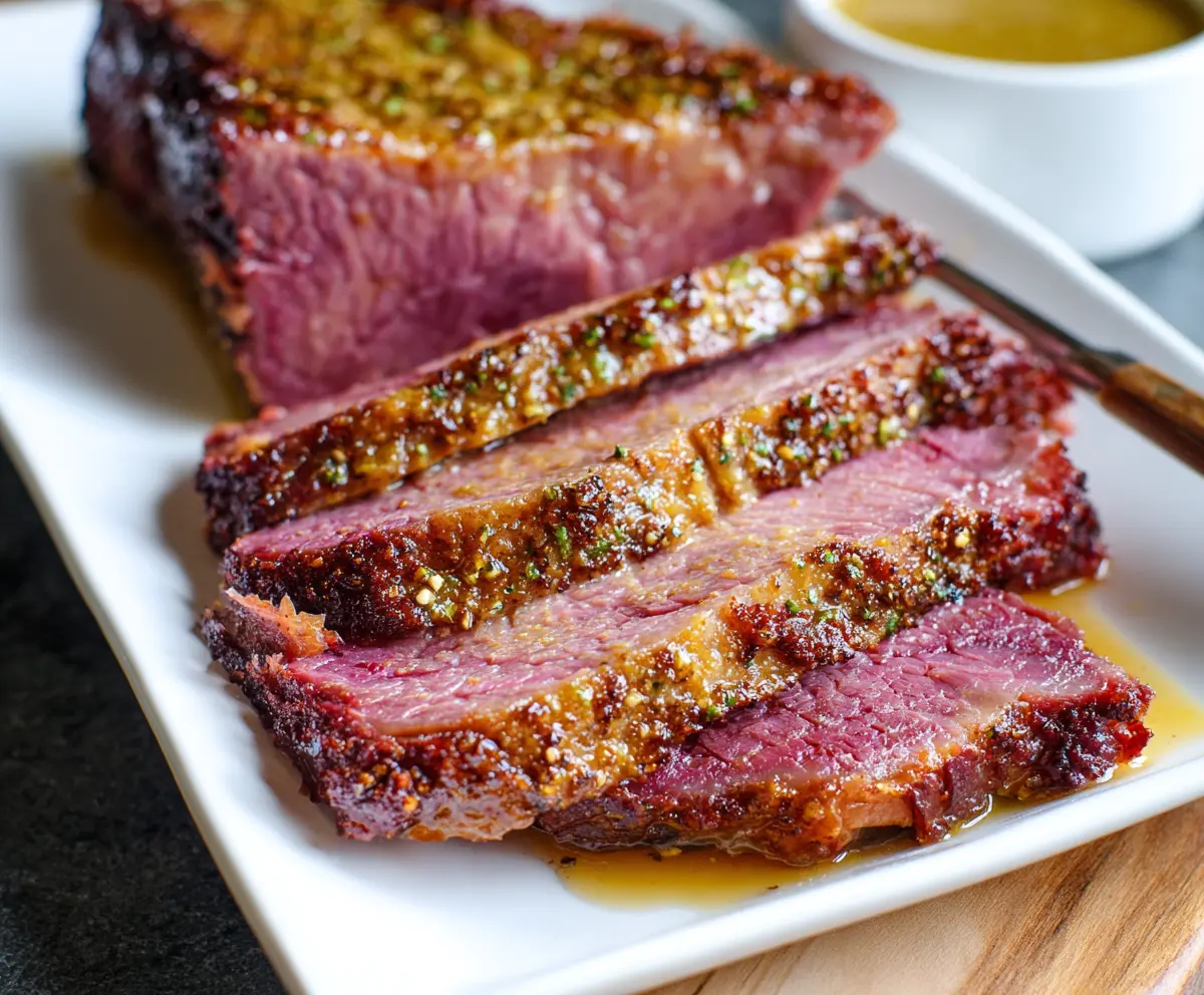 Delicious corned beef with a shiny mustard glaze served on a platter.