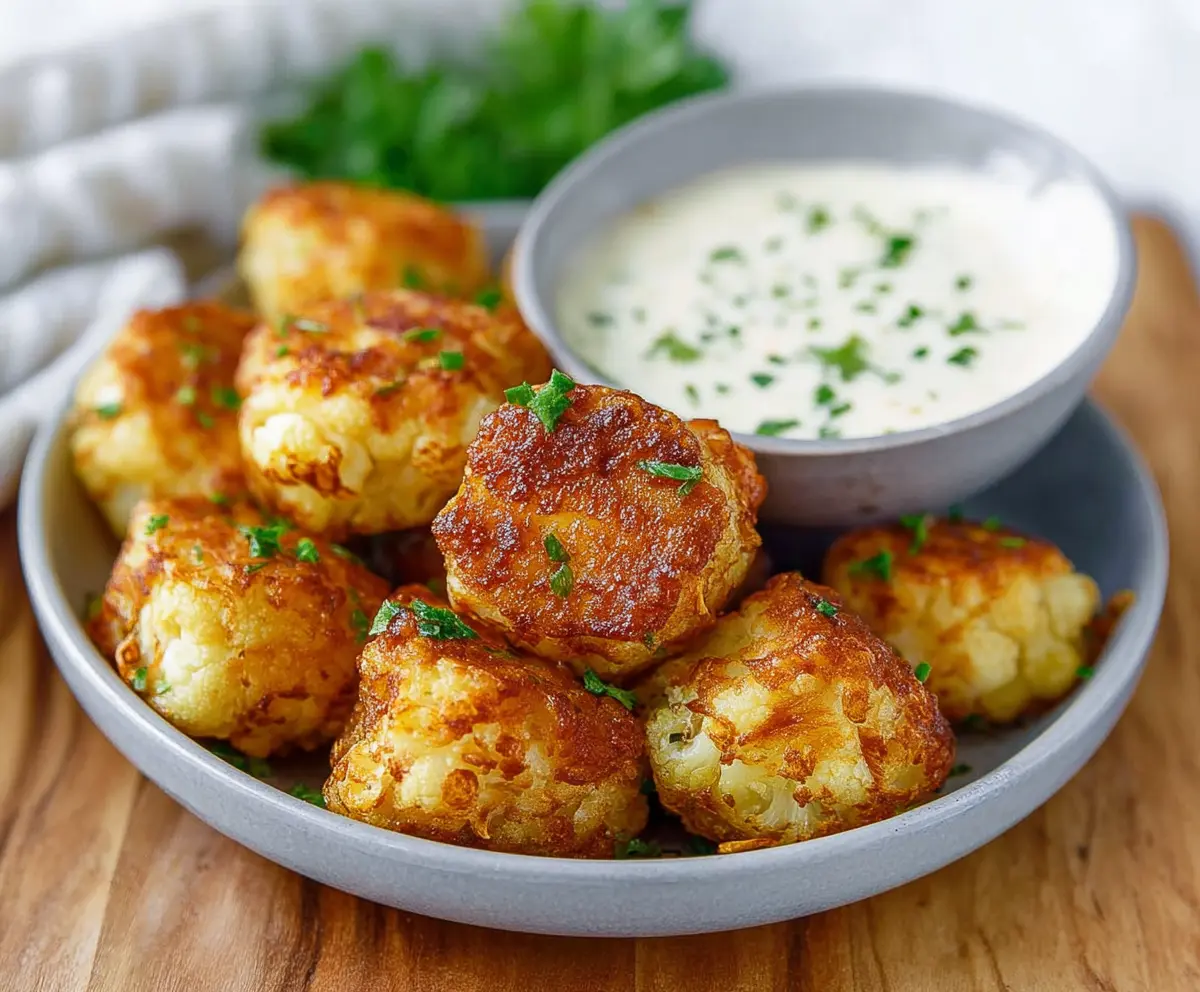 Cottage Cheese Cauliflower Tots on a plate, a healthy and cheesy snack with cauliflower and cottage cheese.