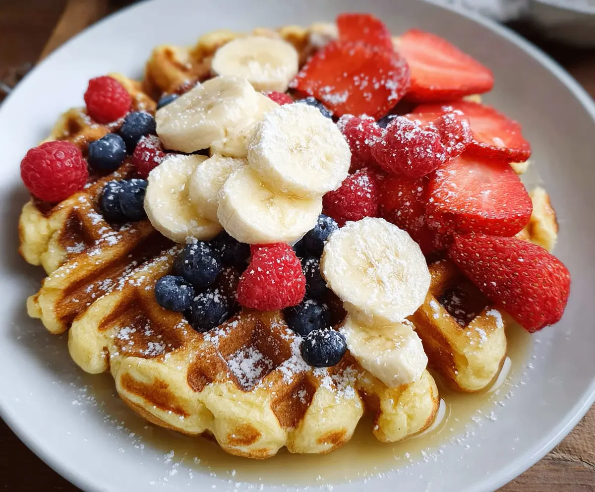 Delicious homemade cottage cheese waffles topped with fresh fruits and syrup.
