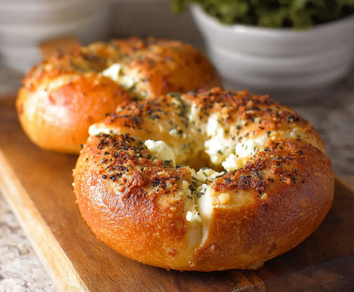 Delicious cream cheese stuffed garlic bagels on a plate, crispy and golden brown, perfect for breakfast or a snack.