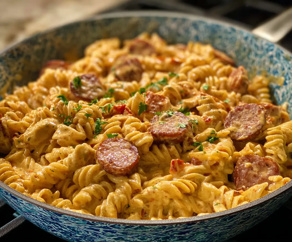 Delicious creamy Cajun sausage pasta served in a bowl with fresh herbs