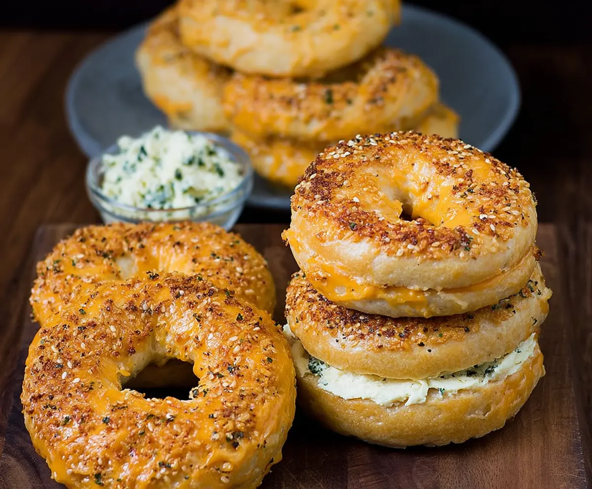 Delicious creamy cheddar bagels served fresh, perfect for breakfast or snack time.