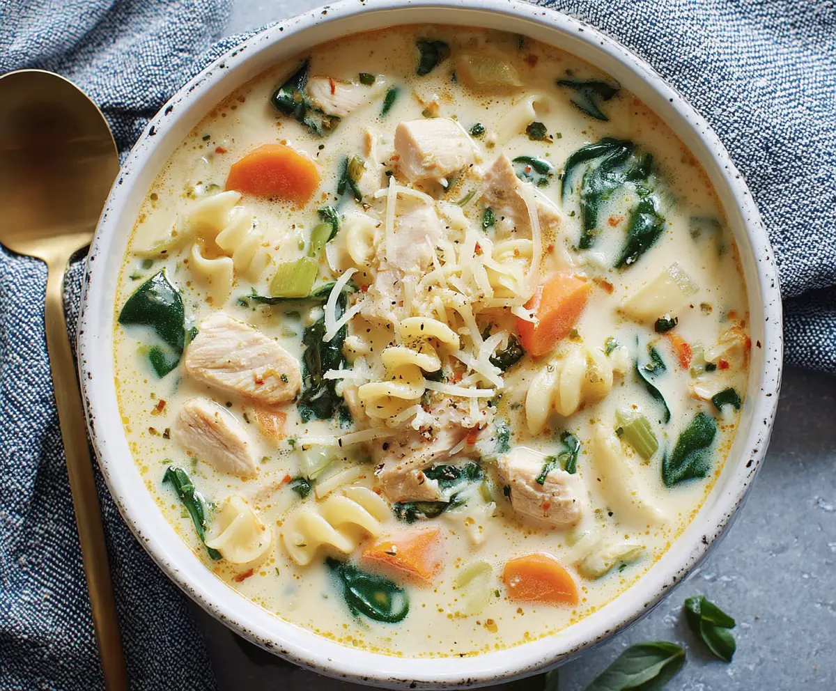 Creamy chicken pasta soup with carrots and spinach in a bowl, garnished with herbs.