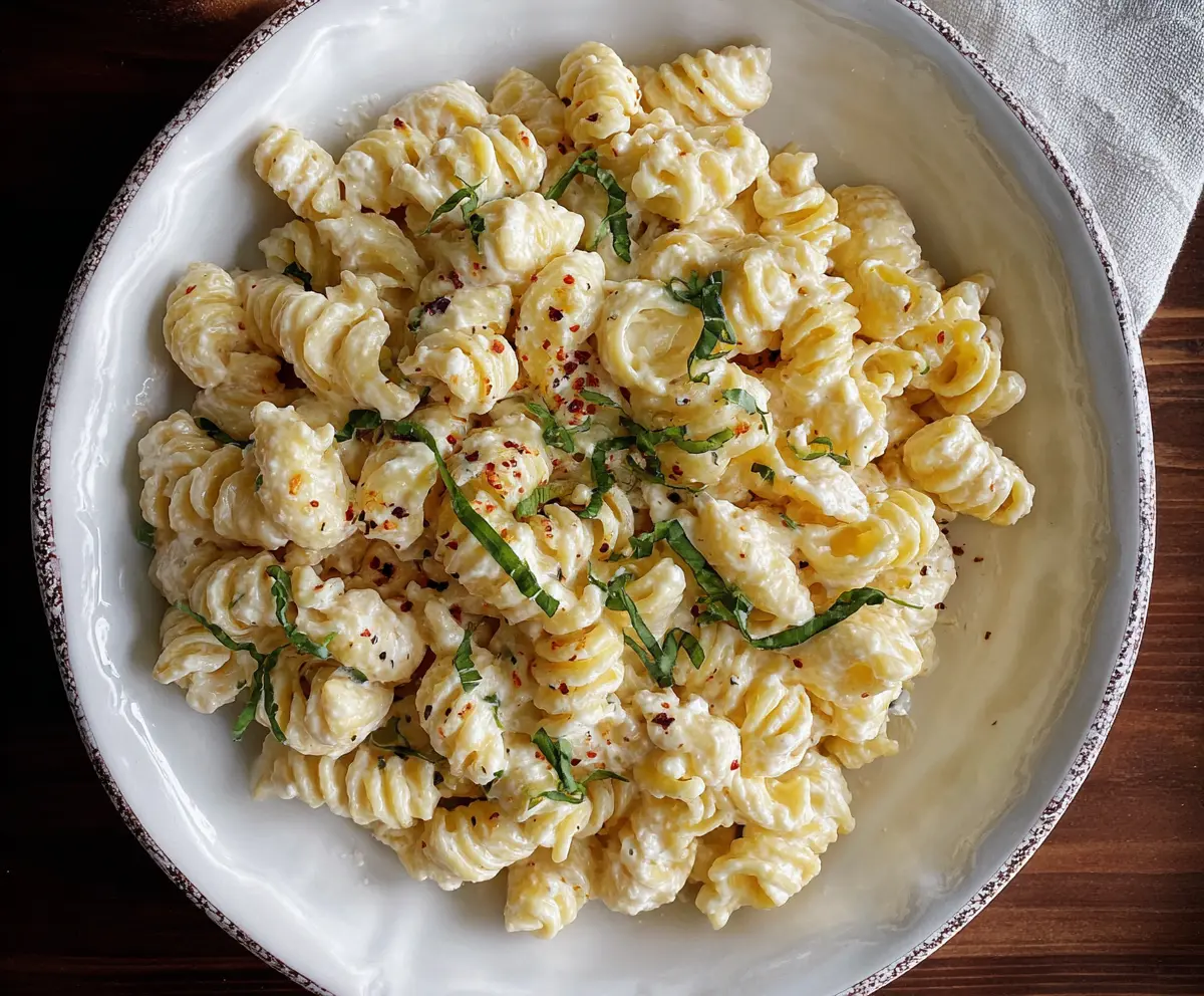 Delicious creamy cottage cheese pasta served on a white plate, garnished with herbs.