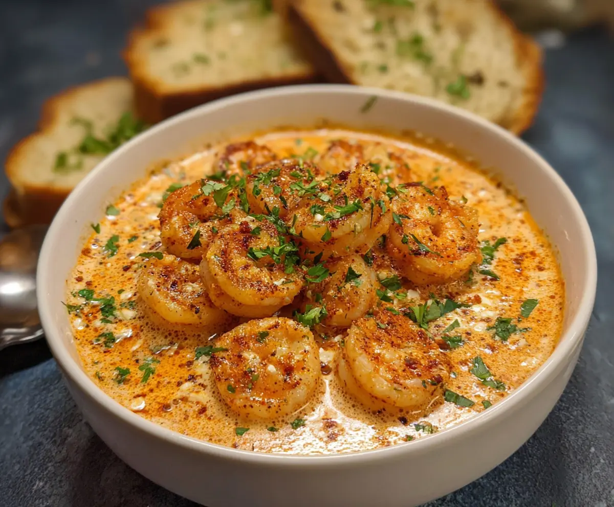 Delicious creamy garlic paprika shrimp served on a plate with fresh herbs
