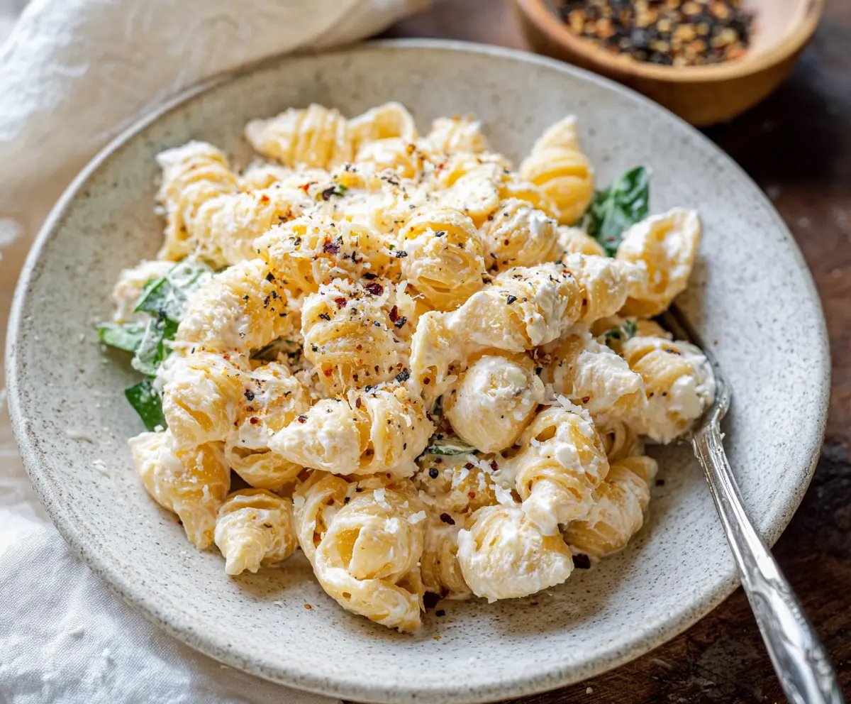 Delicious creamy ricotta pasta served with fresh herbs and parmesan cheese